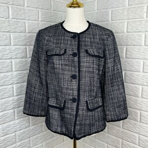 TALBOTS TWEED CAREER JACKET NAVY BLUE GROSGRAIN PLEATED RUFFLE TRIM SIZE 6